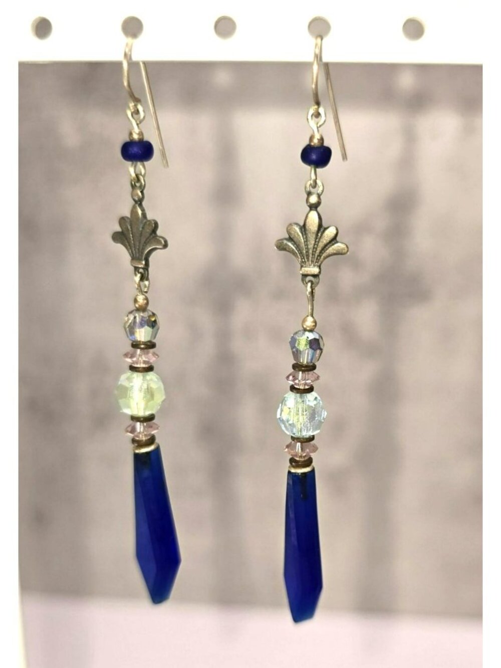 Vintage Style Blue Glass Drop Dangle Earrings With Crystal Beads & Silver CM2388